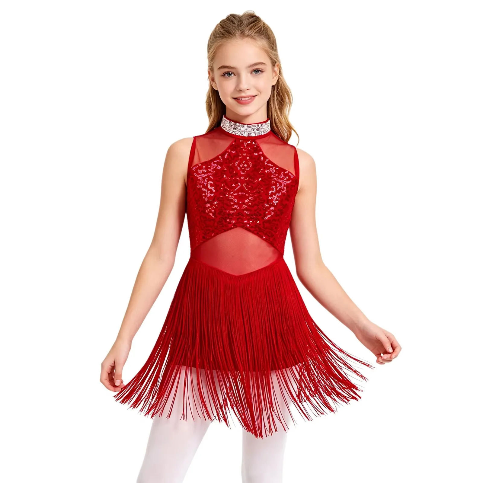 

Kids Girls Shiny Rhinestone Tassel Latin Ballet Jerseys Dance Costume Sequins Gymnastics Figure Skating Jazz Dance Leotards
