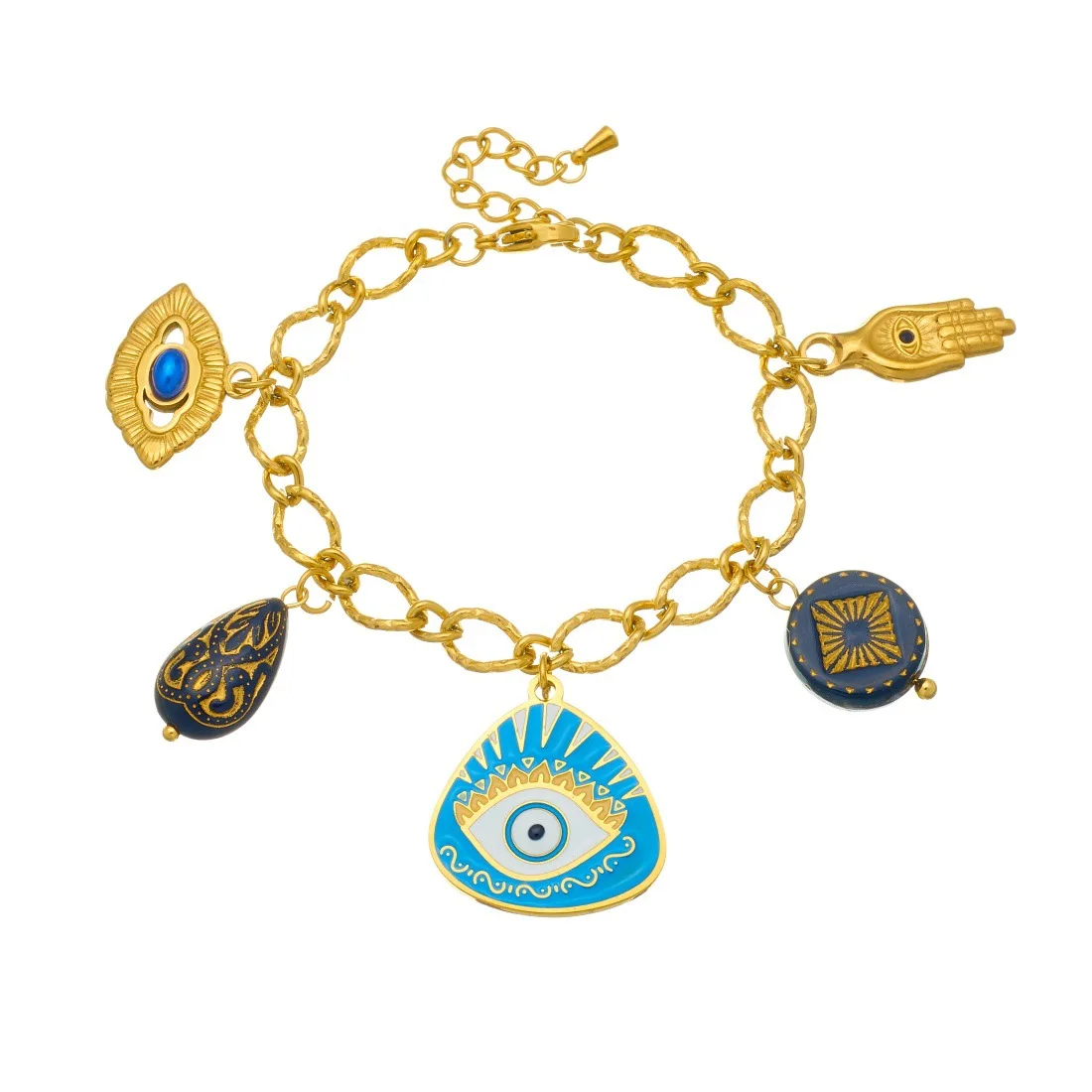 Turkish Evil Eye Amulet Bracelet Stainless Steel Gold Hamsa Hand Blue Enamel Evil Eye Multi Charms Boho Protection Gift for Her