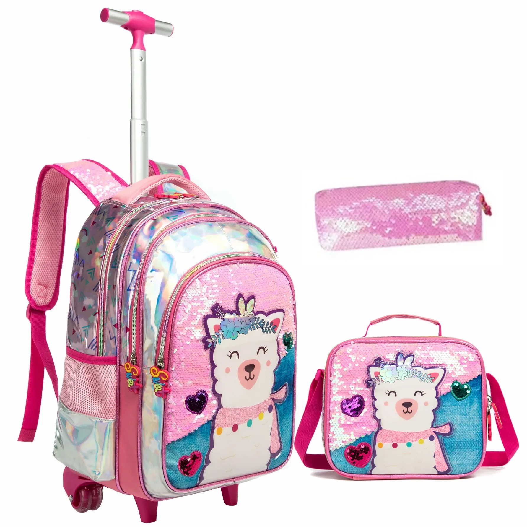 17 Inch Kids Backpacks for Girls Sequin School Bag with Lunch Box for Elementary Students Children's Backpack Girl Wheel