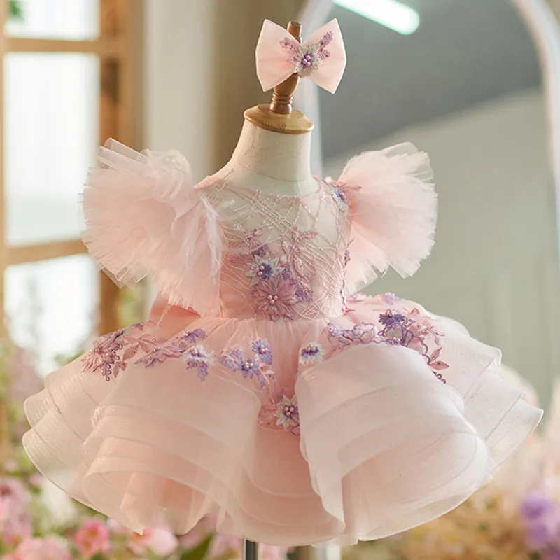 Luxury formal Girls pearl Bow Princess Dress sequin flower Baby Birthday Dresses Teen Ball Gown Dres Children Wedding Clothing