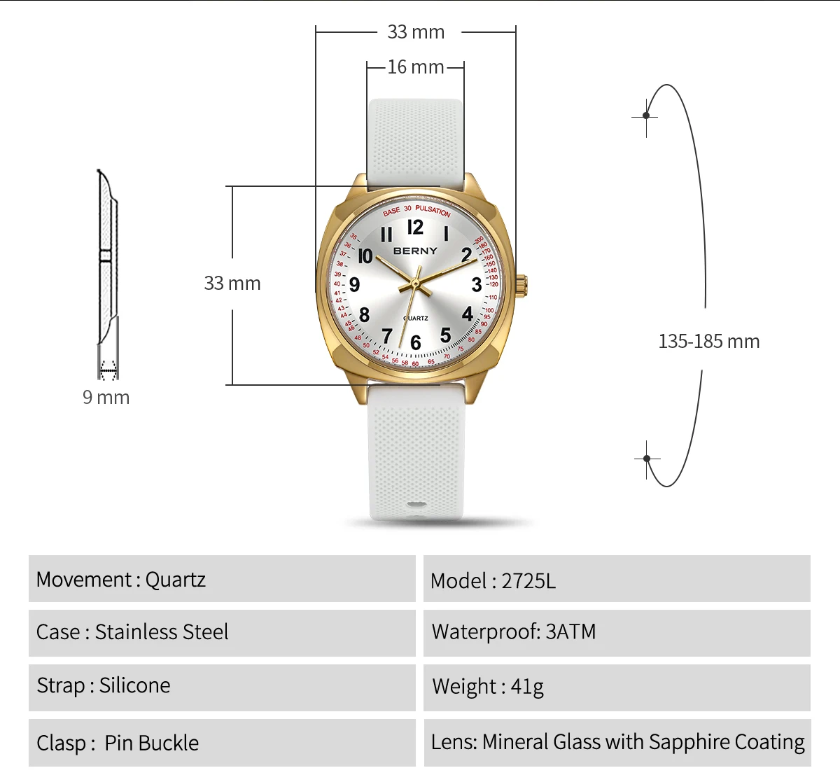 BERNY Damen-Armbanduhr, leuchtend, lässig, schlicht, Damen-Quarzuhr, S/S, weiches Silikonarmband, leicht ablesbar, modische Damen-Armbanduhr – Detail 7