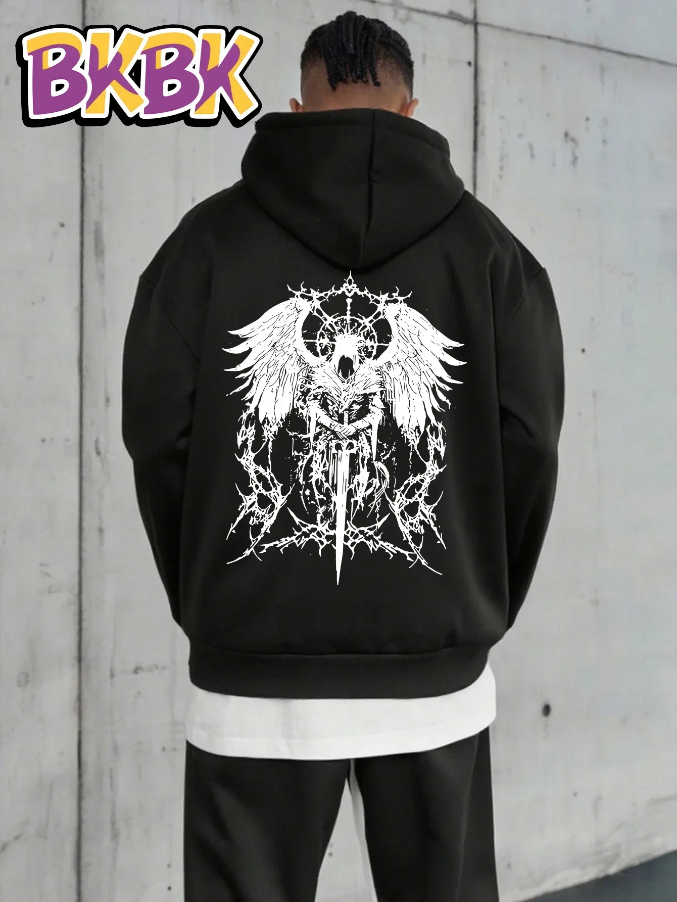 Gothic Angel Sword Back Print Hoodie Men Dark Thorn Wing Graphic Sweatshirt Casual Long Sleeve Hip Hop Streetwear Pullover
