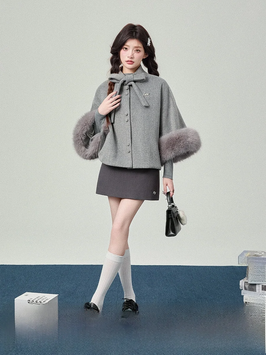 

Thiened ey Cloak Coat Women's Sle Sweet College Trend Spring New Arrival Long Sve Pure Color Button Fastening Coat