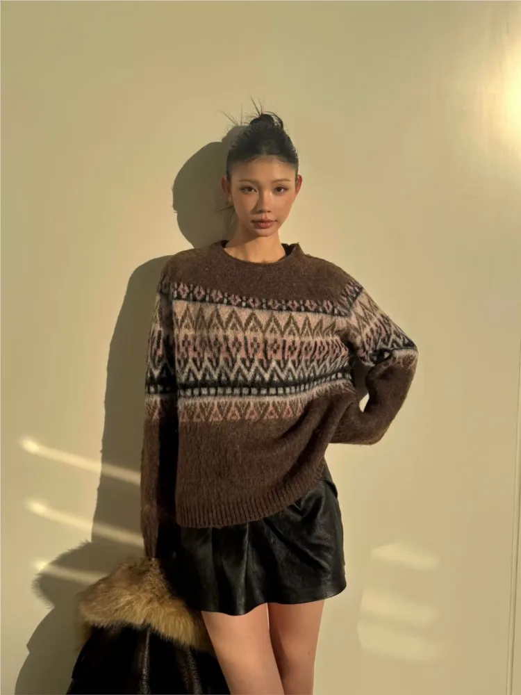 Hipseam feminino jacquard efeito escovado camisola com efeito escovado outono o pescoço feminino malha jumper feminino com nervuras guarnições topos