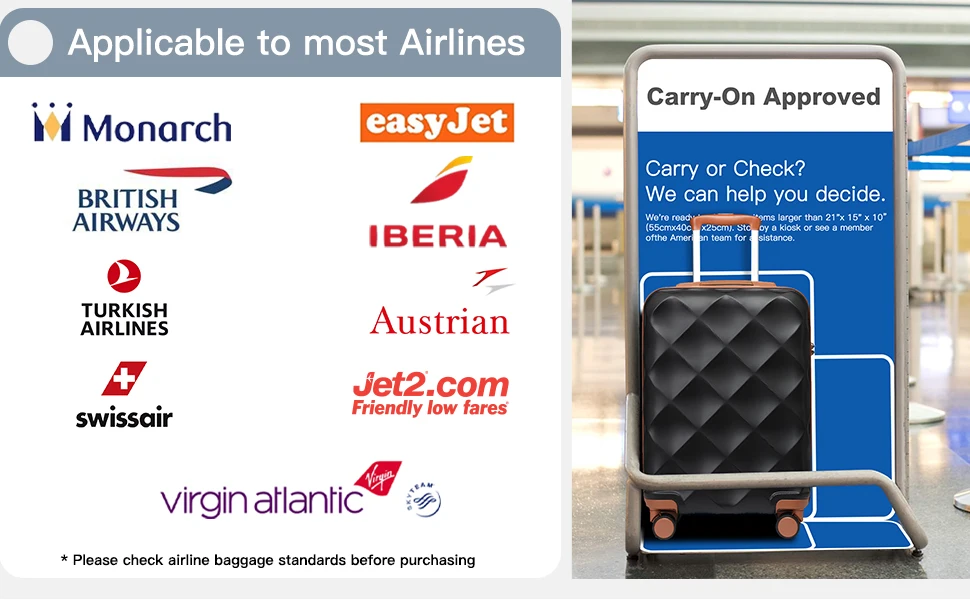 Carry-on luggage size guide showing a blue suitcase with dimensions and airline logos, indicating approved carry-on sizes for various airlines.