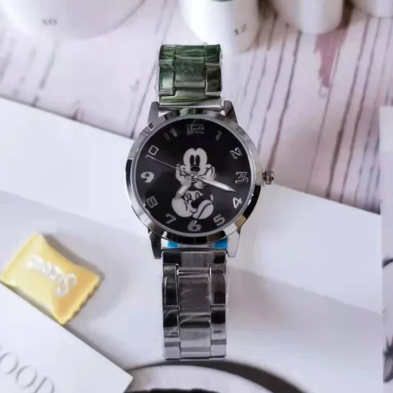 Miniso Anime Cartoon Disney Mickey Minnie Mouse Stainless Steel Waterproof Round Quartz Adult Watch Boys Girls Students Watch