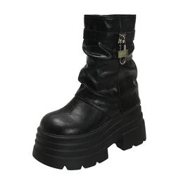 10CM Winter Warm Chunky Short Boots Women High Heels New Mid Calf Leather Sneakers Trend Buckle Motorcycle Boots Fur Snow Shoes