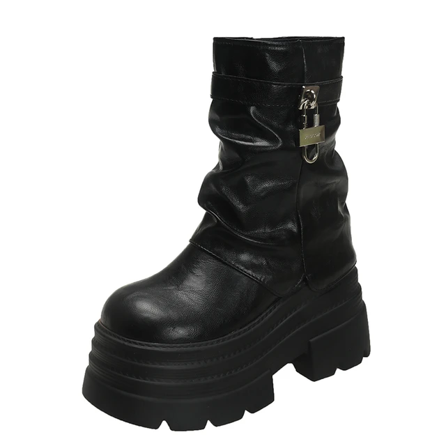 10CM Winter Warm Chunky Short Boots Women High Heels New Mid Calf Leather Sneakers Trend Buckle Motorcycle Boots Fur Snow Shoes