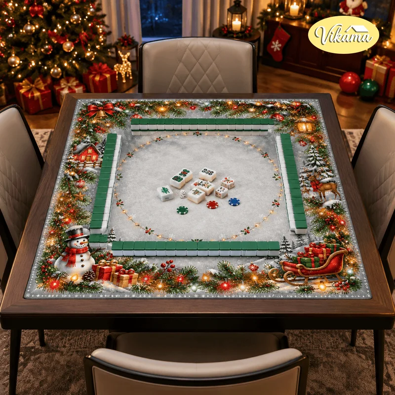 VIKAMA Mahjong Table Mat Christmas Snowman Reindeer Gift Cabin Print Square Game Table Cover Holiday Winter Family Decor