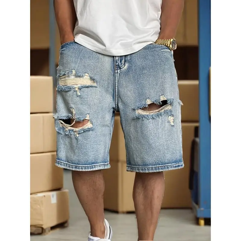 Low Waist Five-Point Men's Denim Shorts Retro Style Elastic Waistband Non-Shrinking Large Size Winter Collection 