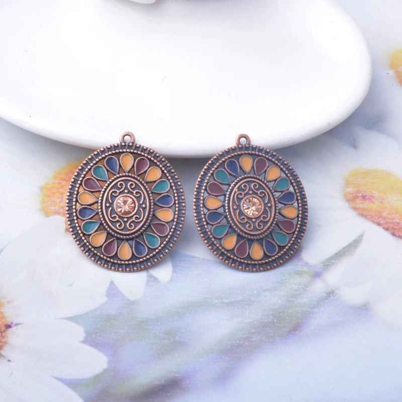 10 Stück Emaille-Oval-Blumenanhänger aus Legierung, bunt, antikgoldfarben, im böhmischen Stil, Anhänger für DIY-Schmuckherstellung, Ohrringe. – Detail 7