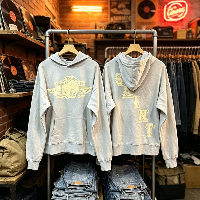 26ss SAINT Angel Printed Hoodies High Quality Cotton Distressed Oversized Men Women Pullover Sweatshirts