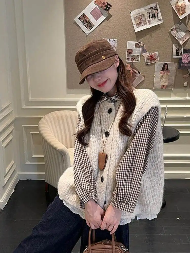 

Faionable Plaid Lace Splicing Long Sve irt Топ Женский многослойный вязаный жилет ранней осени Комплект из двух предметов Повседневный Sle