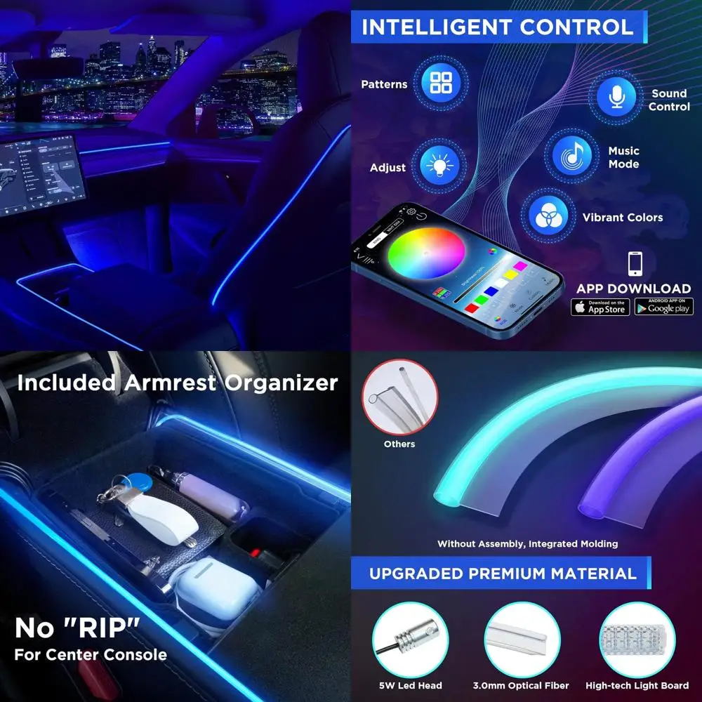 

Неоновый свет салона автомобиля подходит для Tesla Model 3 Y 2021 2022 2023 (центральная консоль + приборная панель + сиденье + 4 лампы для ног) с подходящим кронштейном