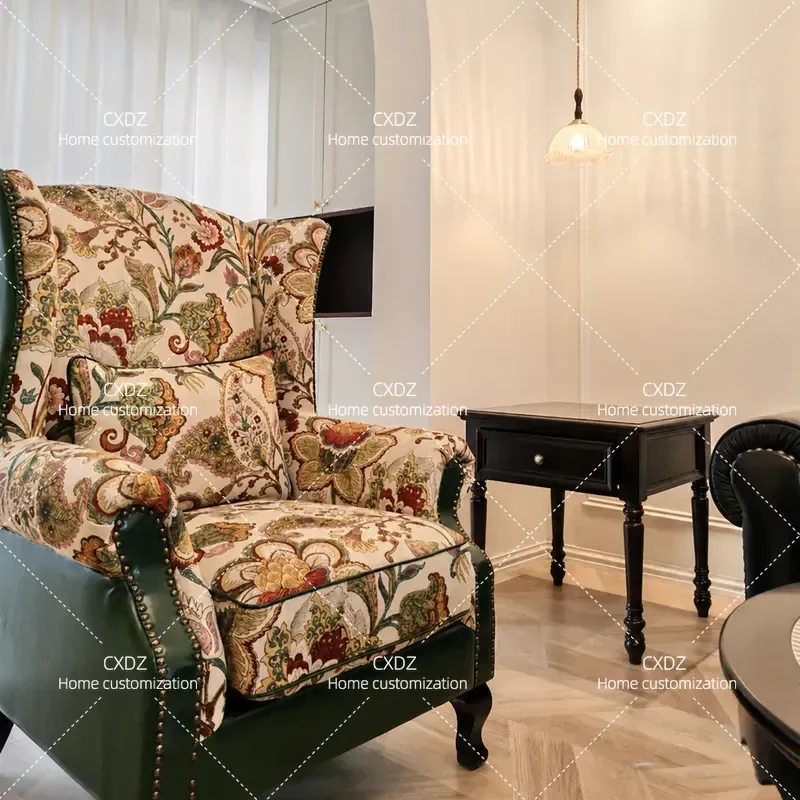 Retro Single Sofa Chair Pastoral Jacquard Villa Living Room Bedroom Casual High Back Leather Cloth Tiger Chair