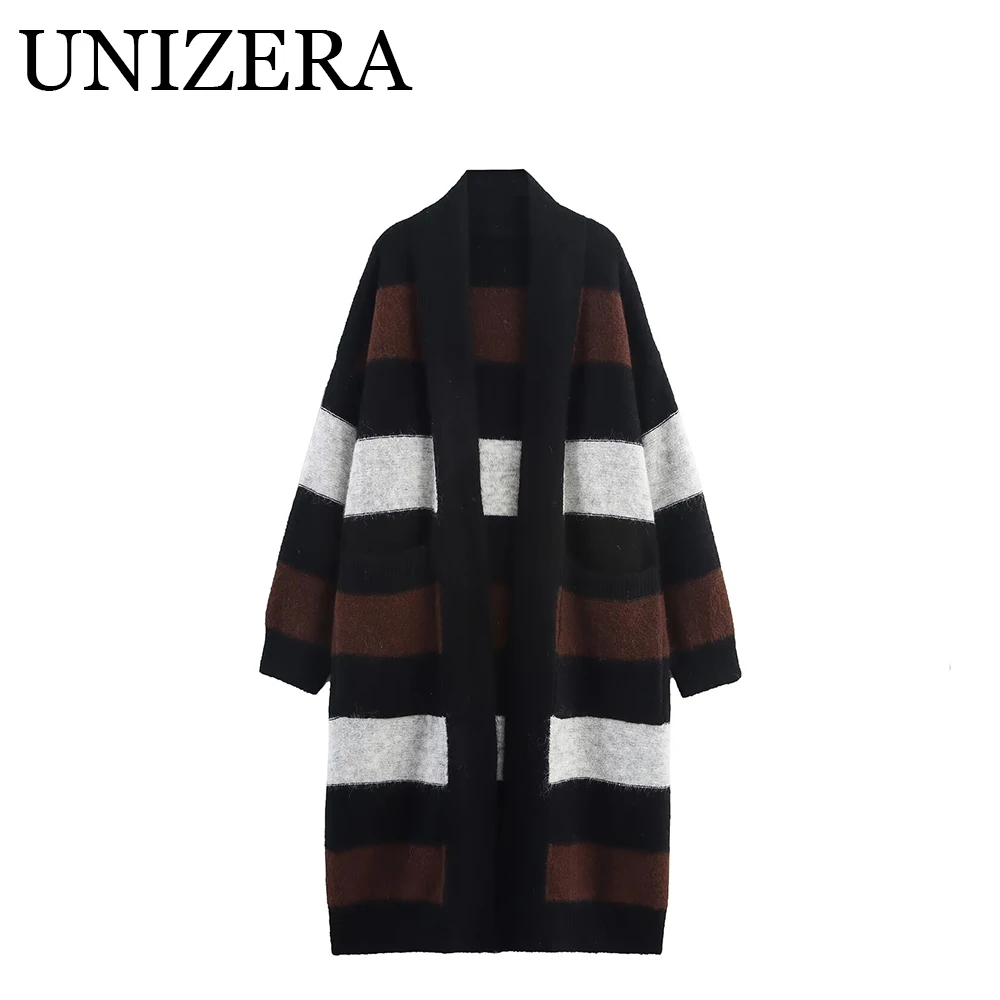 

Mid to long autumn/winter contrasting striped thick sweater, cashmere knit cardigan jacket for women