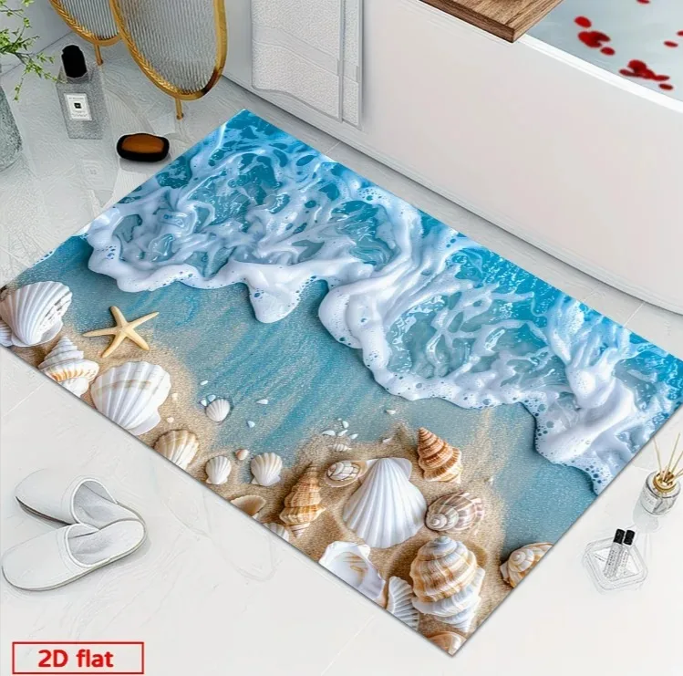 Realistic Seashore Shell and Starfish Graphic Doormat Natural Beach Scenery Rug Marine Style Home Accessory for Porch Entry