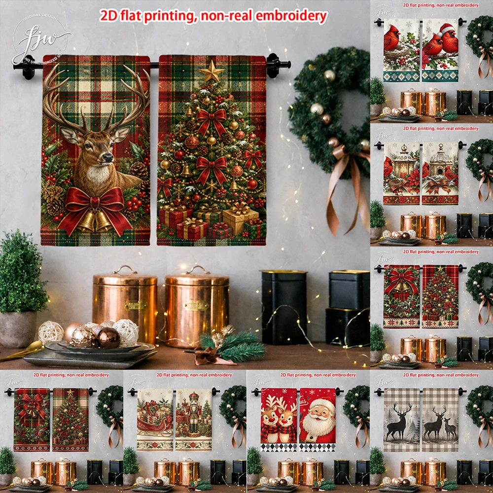 2pcs Christmas Vintage Kitchen Towels Set of 2 Vintage Xmas Elk Tree Santa Holiday Decorative Dish Towels for Winter Home