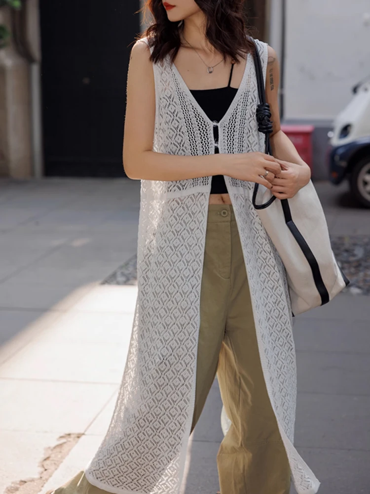 

White Hollow out Long Svel Knitted Vest Loose Thin Cardigan Top for Women Summer Commute Sle V-Ne Ice Silk Material