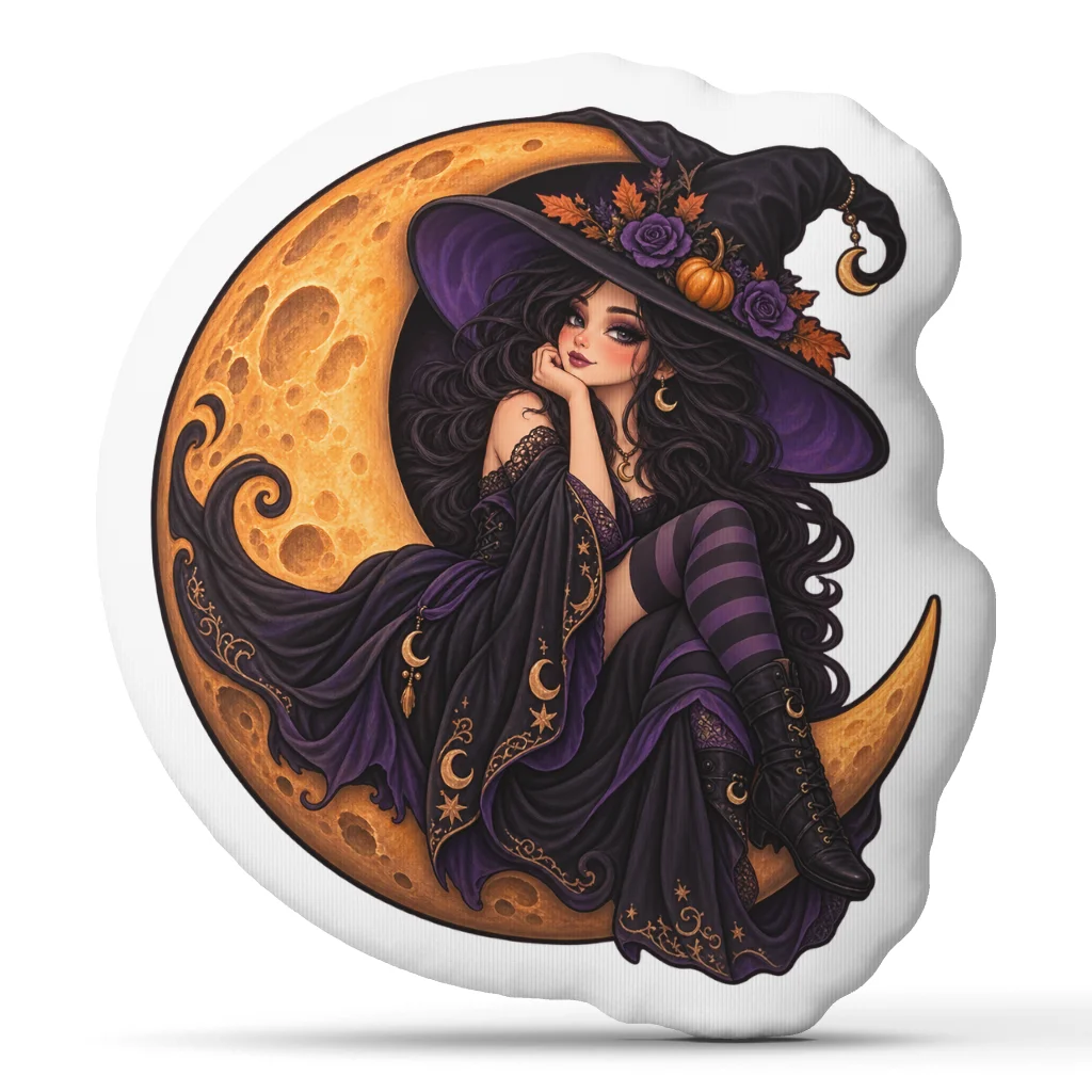 Moon Witch Shaped Pillow Gothic Halloween Cushion Crescent Moon Throw Pillow Stuffed Sofa Decor Witchcraft Gift for Witches