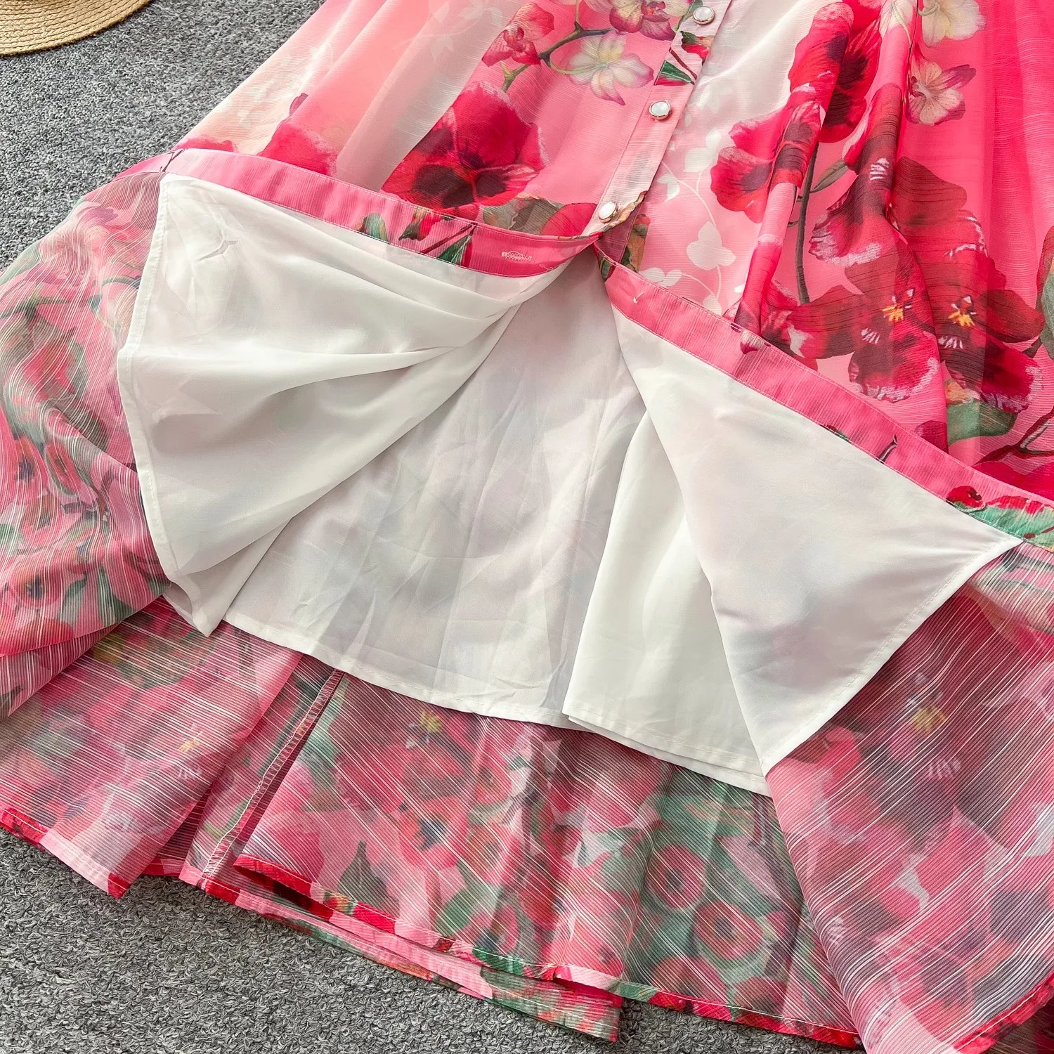 2025 primavera férias lindo flor maxi vestido feminino manga longa lanterna entalhado floral impressão pérola cinto uma linha robe vestidos