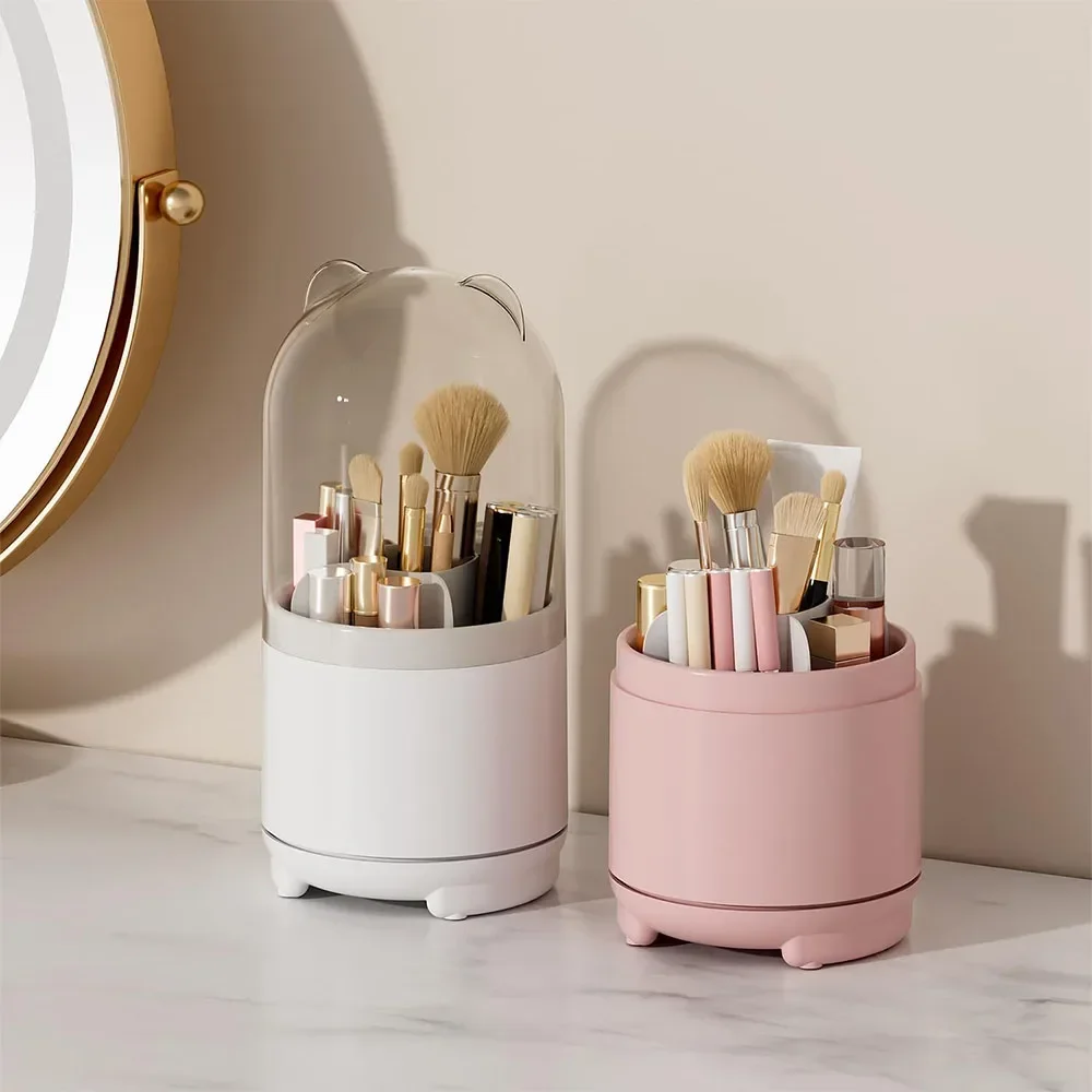 

Cute Makeup Brush Holder Organizer,Rotating Dustproof Make Up Brushes Container with Clear Cover for Desktop Bathroom Countertop