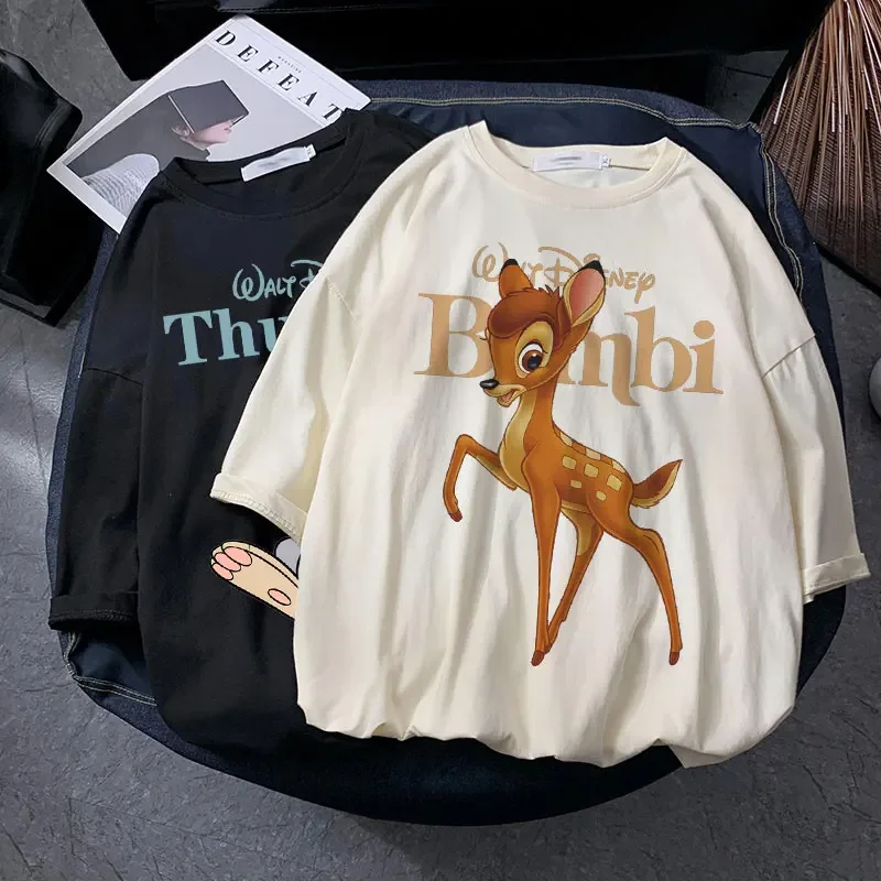 Summer Retro Fashion Kawaii Women T Shirt Disney Cute Cartoon Bambi Printed Graphic Short Sleeve T-shirt Unisex y2k Clothes Tops