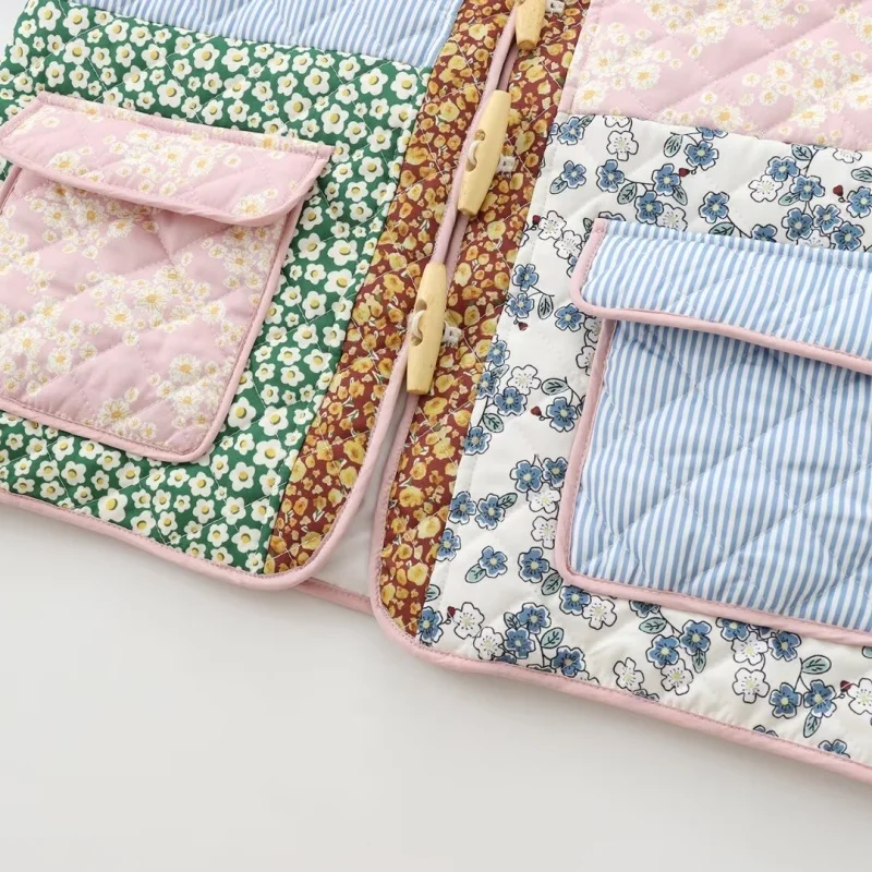 Casaco feminino de algodão com patchwork multicolorido, gola alta, bolsos laterais, manga comprida, para passeio e compras, moda outono-inverno.