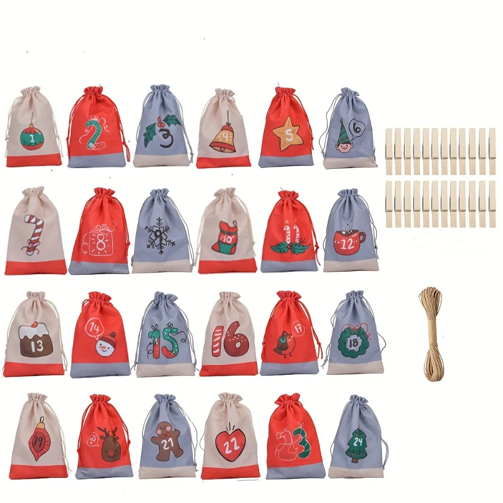 عيد الميلاد تقويم القدوم 2025 24 قطعة الرباط حقائب للهدايا الخيش معلقة العد التنازلي التقويم أكياس DIY بها بنفسك عيد الميلاد ديكورات المنزل