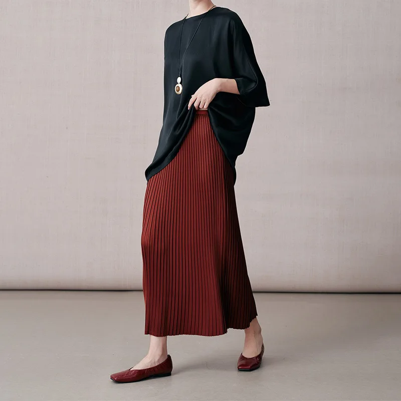

2026 Spring Summer New Women High Waist A line Pleated Skirt Luxury Feel Draped Fixed Pleats Stereo Shaping Slim Casual Skirt