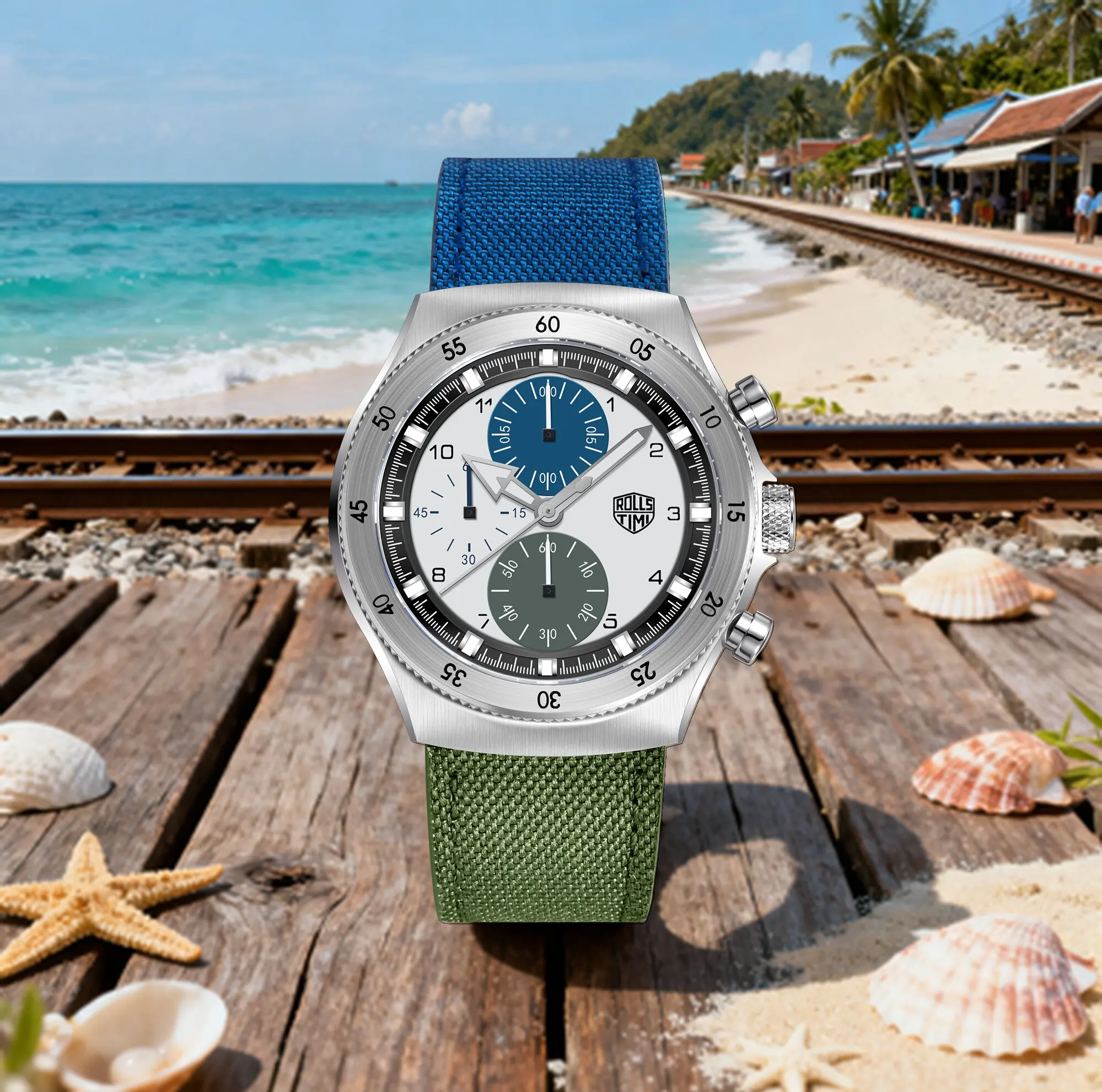 RollsTimi 2026 Men's Quartz Watch 43mm Daily Fashion Casual Style Leather Strap Stainless Steel Luminous Waterproof Chronograph