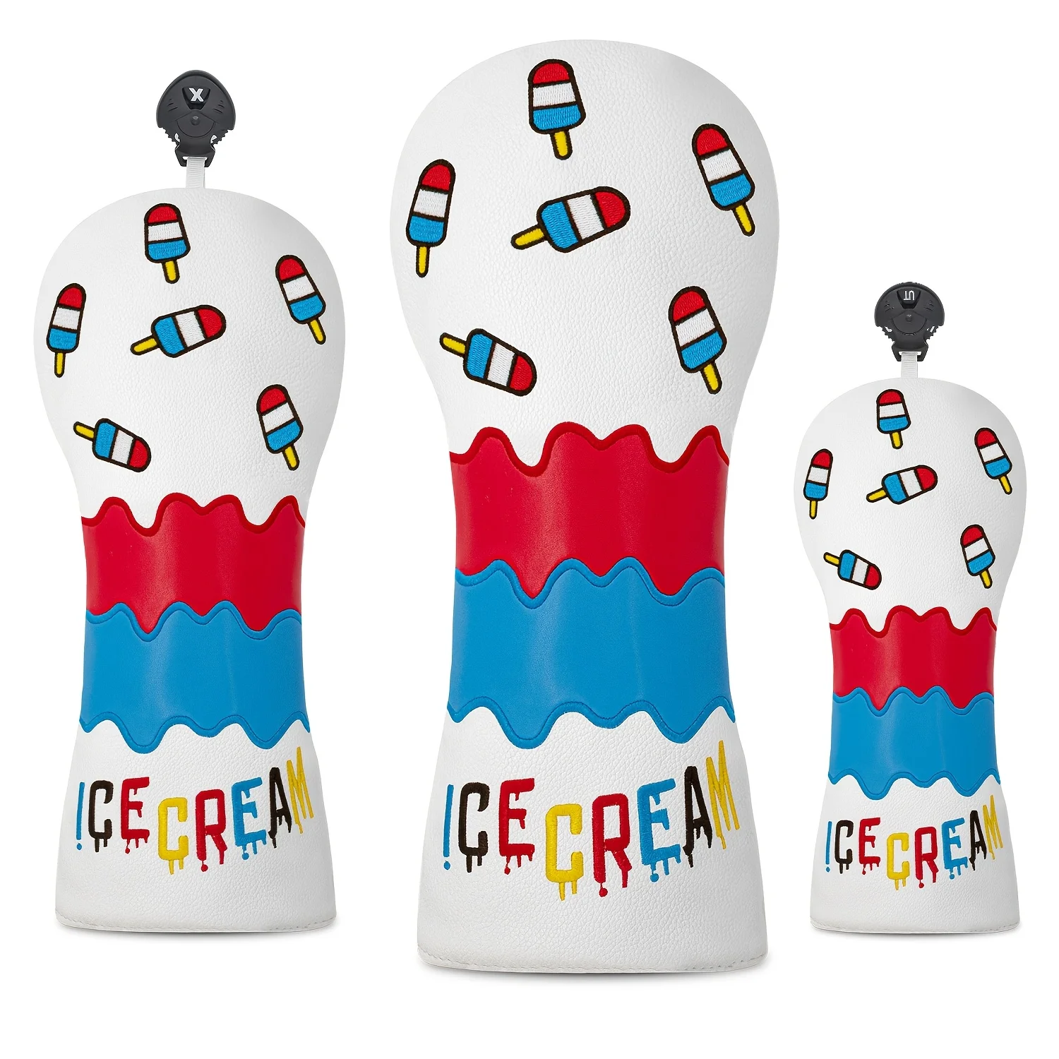 capas-para-cabeca-de-taco-de-golfe-com-estampa-de-sorvete-brancas-com-redemoinhos-vermelhos-e-amarelos-design-'ice-cream'-acessorios-de-golfe-duraveis