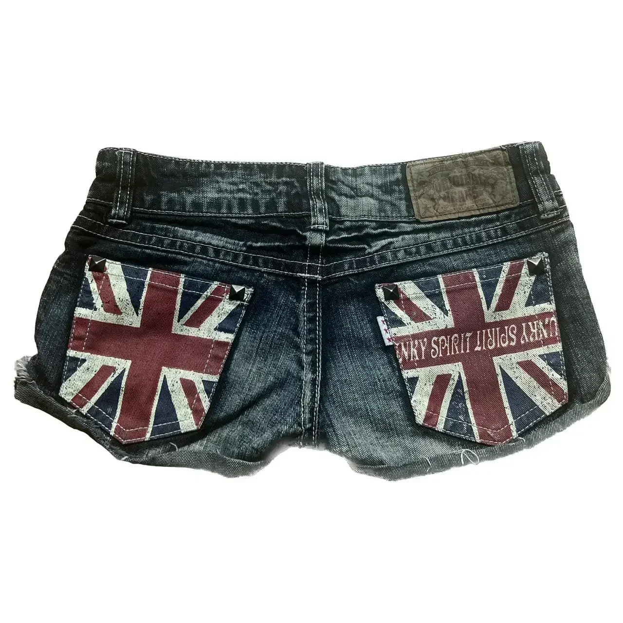 Hip Hop Pocket Denim Women Shorts Black Low Rise Distressed Jeans Flag Patch Chain Sweetheart Frayed Edges Y2K Women Clothing