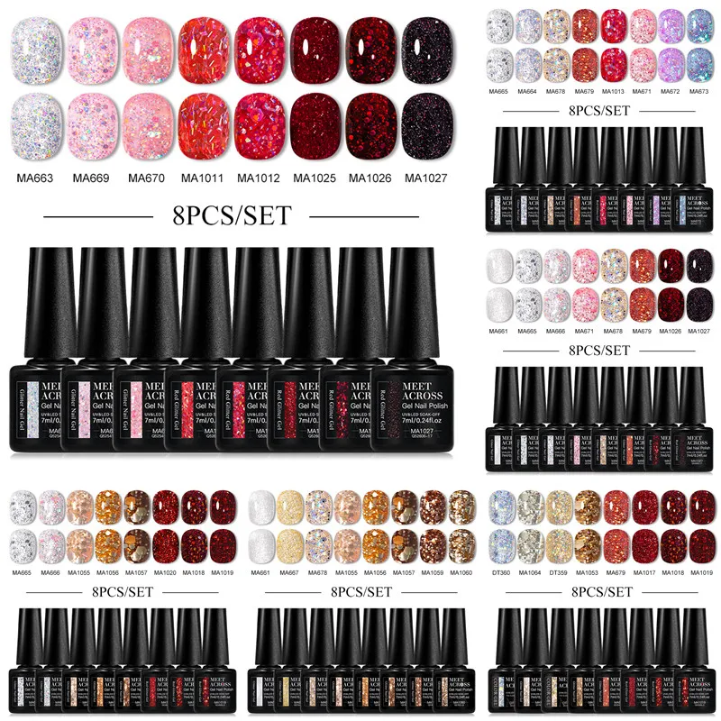 

8 шт., набор красных и розовых блестящих гель-лаков для ногтей, сверкающий блестящий полуперманентный замачиваемый УФ-гель-лак, принадлежности для ногтей, декор