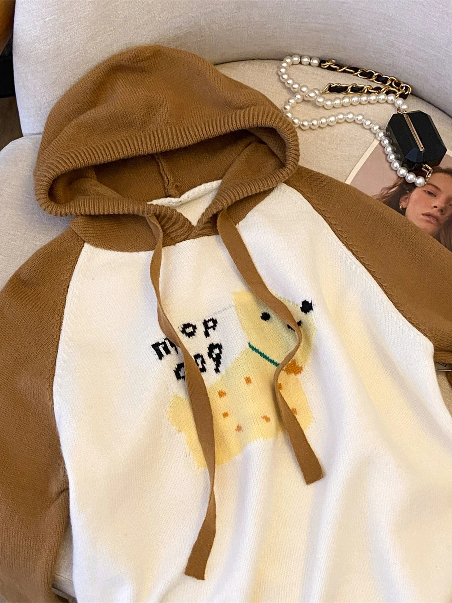 ゆったりフィット漫画犬柄パーカー スウェットシャツ ブルー色 ブルー 秋冬アウター 韓国風 ゆったりトップス レディースニットウェア