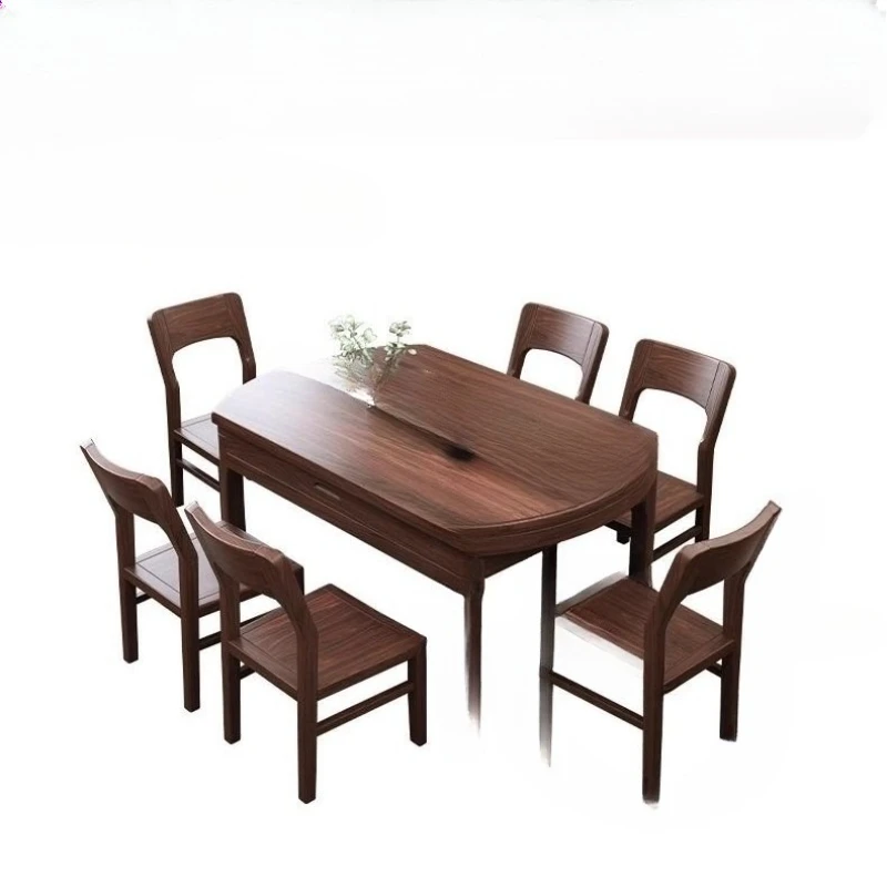 

New Chinese black walnut solid wood dining table and chairs, retractable dining table for small household units