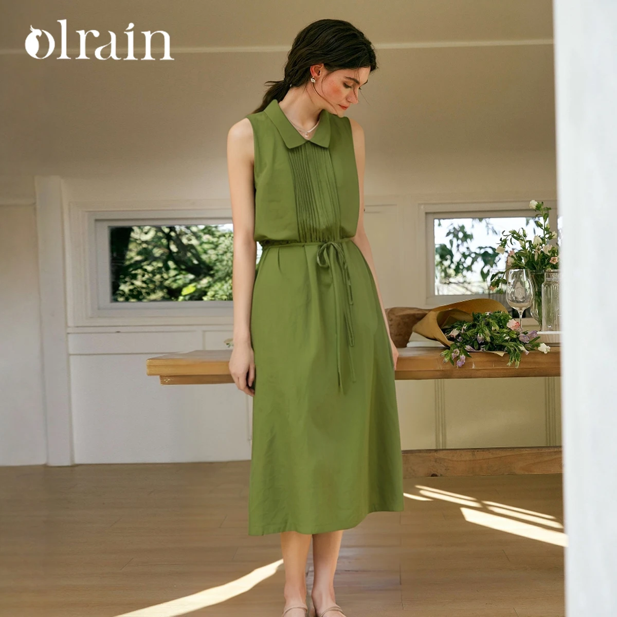 

OLrain Women Summer Dresses 2025 Green Strap French Fashion Temperament Dress Mori Vacation Off-the-shoulder Dress O57XL98689