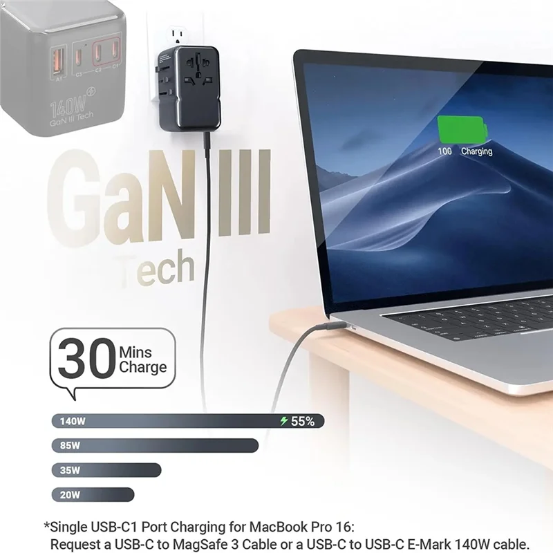 AT82-140W Internationals Plug Adapter Gan3 Travel Adapter With Universal Outlet 1 USB A 3 Type C Fast Charger