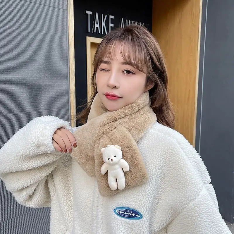 Color Optional Scarf Female Autumn Winter Wind Season Korean Version Of Cute Bear Plush Students With Thick Warm Cross Neck2023