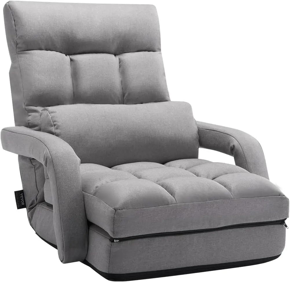

Floor Gaming Chair with 5 Positions, Back Support, Armrest, Folding Sofa Lounger Bed, Gray