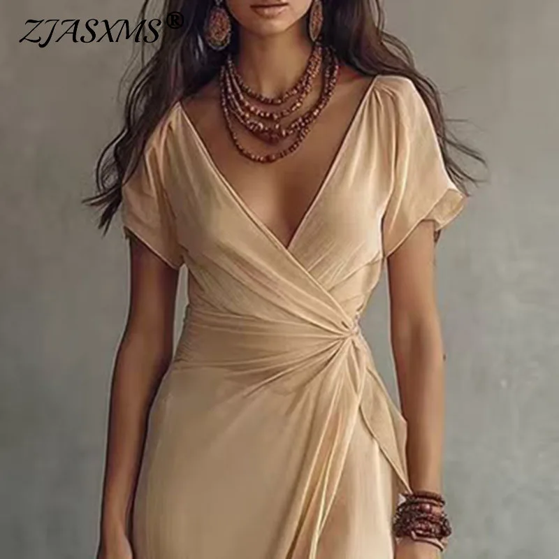Frühling Einfarbiges Kleid mit Geraffter Taille Elegante Partykleider Damen Sexy V-Ausschnitt Ausgeschnittenes Langes Kleid Sommer Kurzarm Urlaubs-Maxikleid