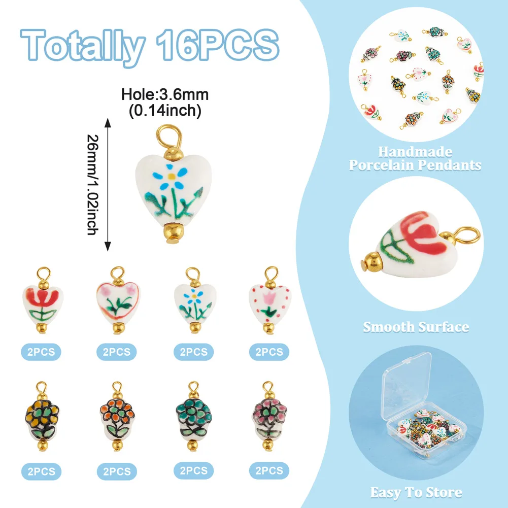 16Pcs Handmade Porcelain Pendants Hand Painted Heart Flower Fish Charms With Golden Loop Findings for Earrings Necklace Making