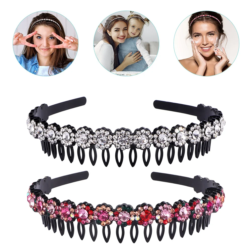 

2 Pcs Non-slip Headband with Diamonds Headbands Nonslip Hairbands for Women's Teeth Resin Comb Girls Rhinestones