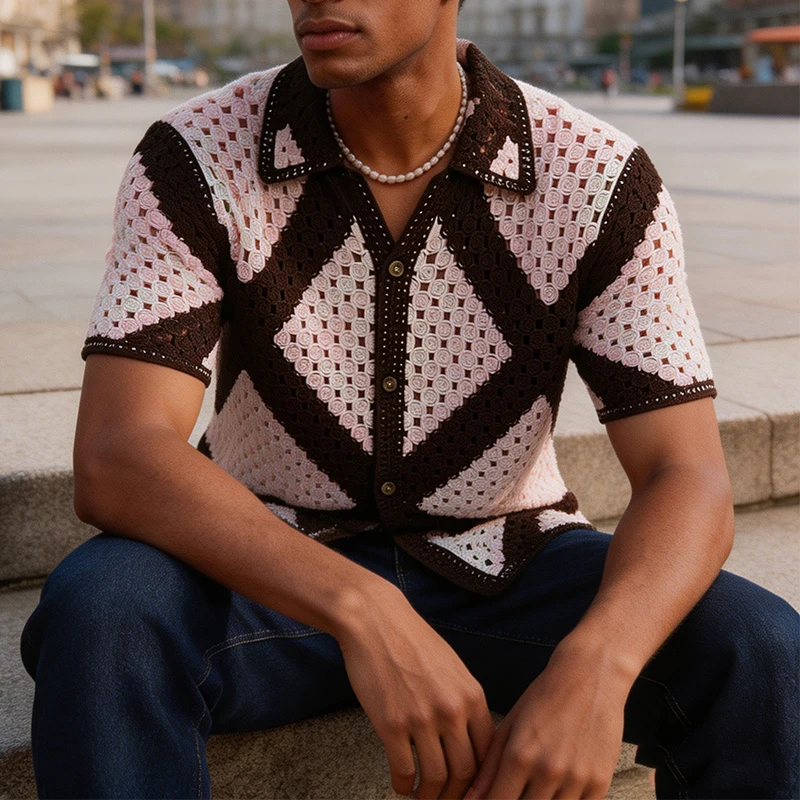 Vintage Old Money Style Knit Shirt Mens Daily Leisure Lapel Buttoned Tops Summer Casual Striped Crochet Hollow Out Shirts