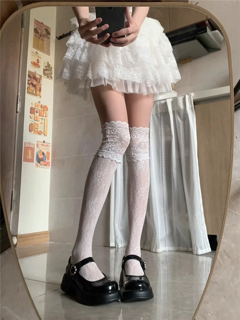 Lolita Sweet Lace-edge Fishnet Stockings Women Sexy Floral Pattern Nylon Mesh Thigh High Stocking JK Japanese Cos Overknee Socks image 5
