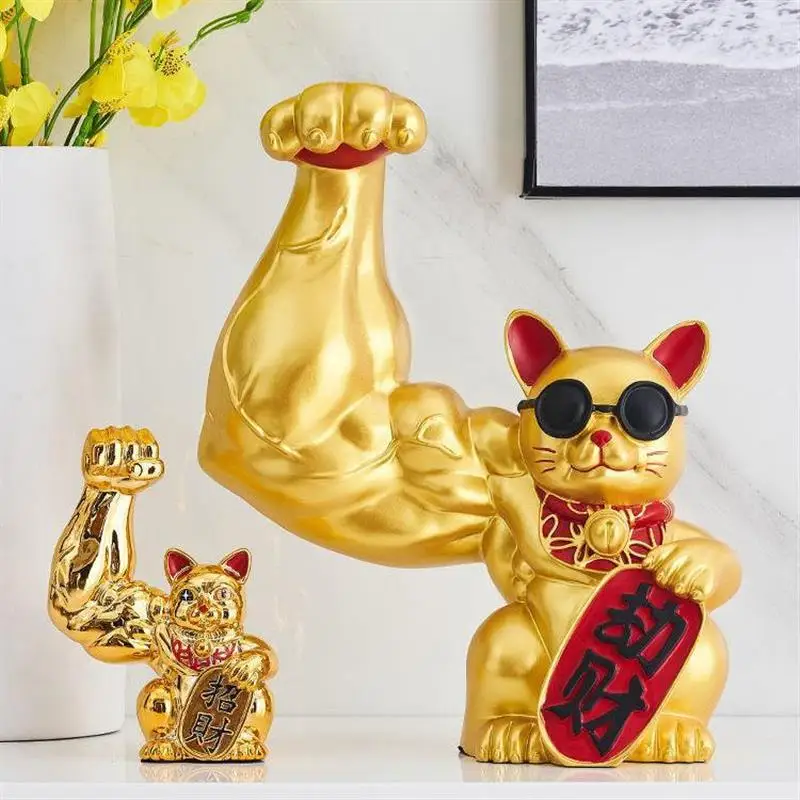 sculpture powerful muscle golden cat Muscle Giant Arm Arm Figurines  desktop bar decor Lucky Cat store opens gift giving