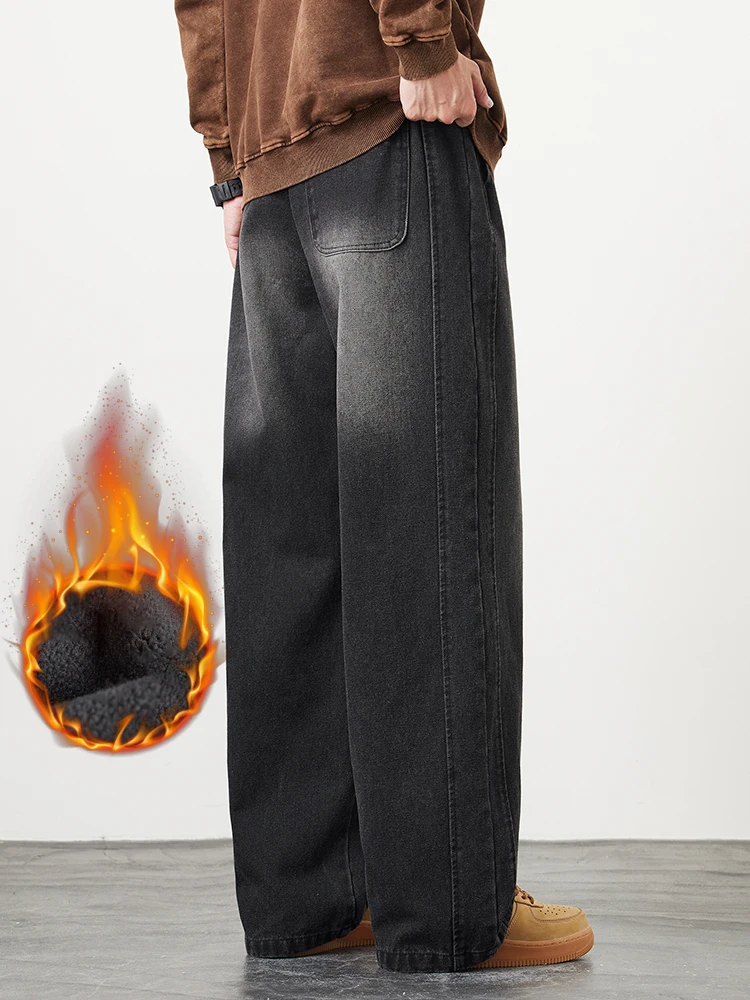 الرجال الشتاء الدافئة الجينز الصوف مبطن سميكة معزول الدنيم السراويل واسعة الساق مستقيم الحرارية فضفاض الجينز الآسيوية حجم L-5XL