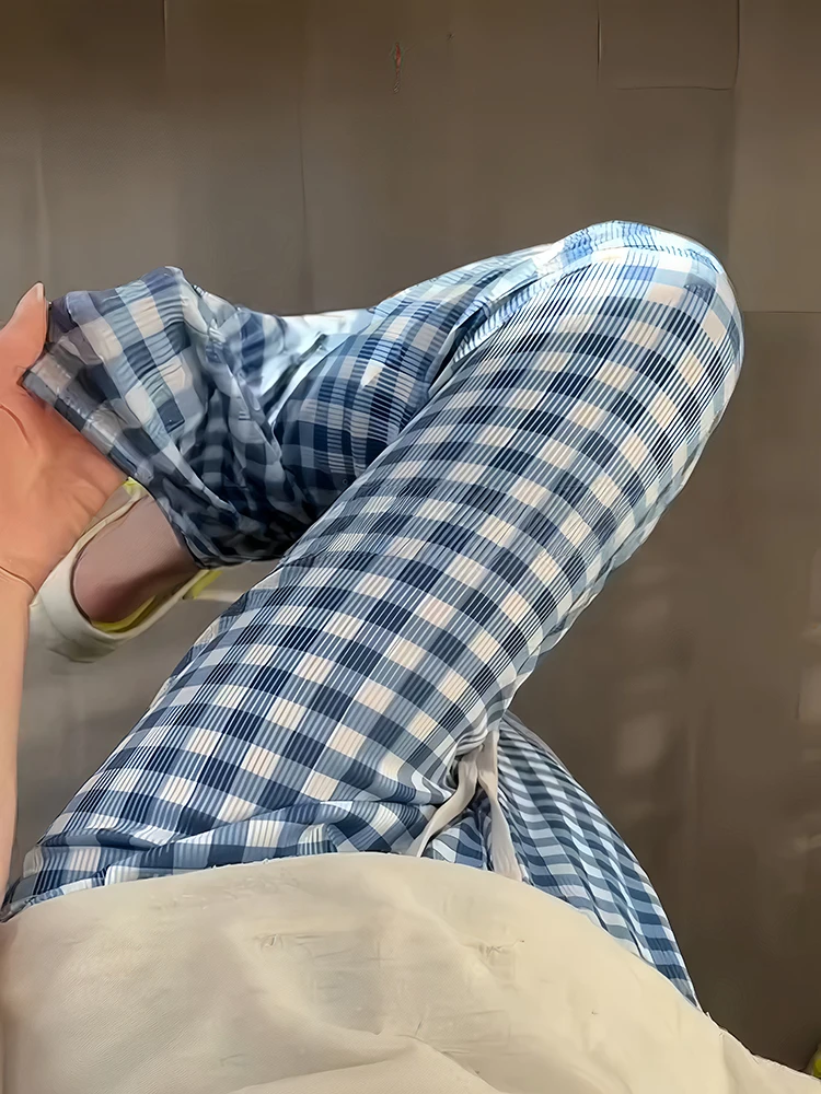 

Blue White Plaid Ice Silk Pants Straight Leg Wide Leg Thin Summer Casual Trousers for Men And Women High Elastici Loose Fit