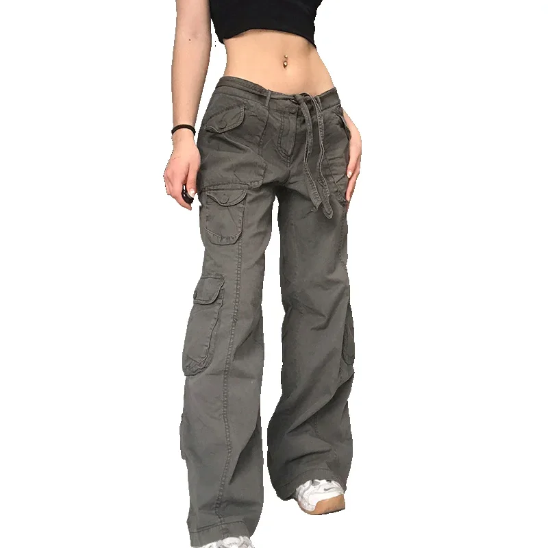 

2023 Retro gray overalls wide leg cargo women pants women's trousers sexy low waist loose vintage streetwear joggers sweatpants