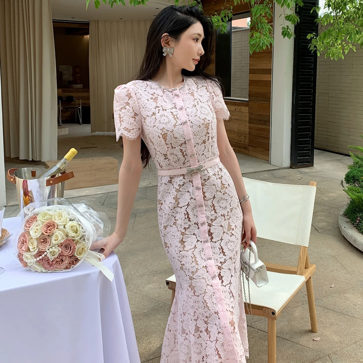 Summer Luxury Formal Evening Lace Dresses Women Single Breasted Bead Bow Short Sleeve Elegant Mermaid Party Birthday Long Dress